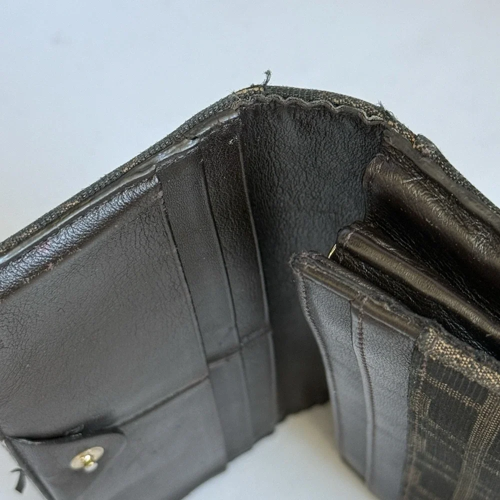 Fendi Zucca Continental Long Wallet Black Brown Canvas Gold‎ Tone Buckle